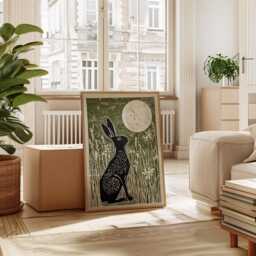Hare in Moonlit Meadow Poster, Japanese Woodblock Art Print - thumbnail 3