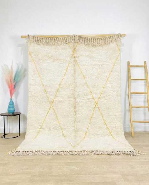 Yellow Diamond Trellis Rug - Large Area Handmade Berber Shag Beni Ourain Style Decor Custom Cream Wool Carpet - image 1