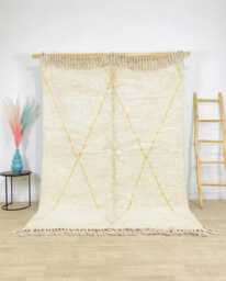 Yellow Diamond Trellis Rug - Large Area Handmade Berber Shag Beni Ourain Style Decor Custom Cream Wool Carpet - thumbnail 1