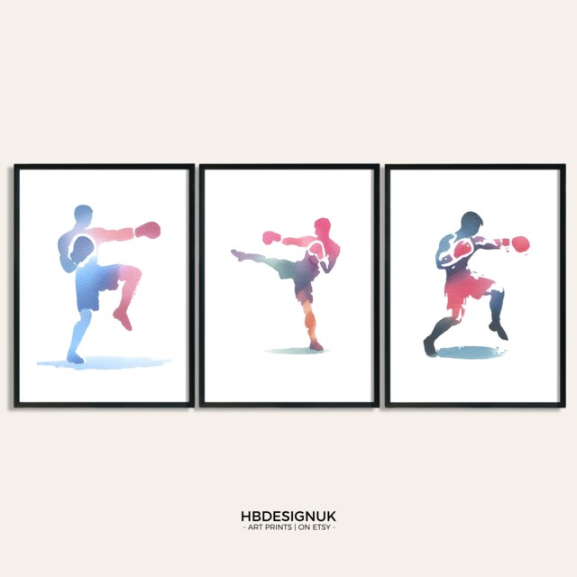Kickboxing Print Set - 3 Posters - Mens Boxing Artwork Boy Sport Wall Art Gym Decor Instructor Teacher Gift Watercolour - image 1