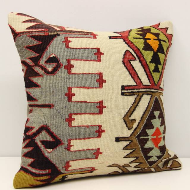 Handmade Turkish Kilim Pillow Cover, Boho Home Decor - 16x16 Inch - image 1