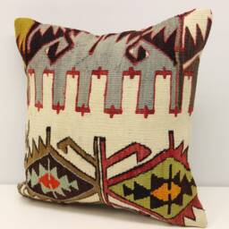 Handmade Turkish Kilim Pillow Cover, Boho Home Decor - 16x16 Inch - thumbnail 3