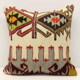 Handmade Turkish Kilim Pillow Cover, Boho Home Decor - 16x16 Inch - thumbnail 2