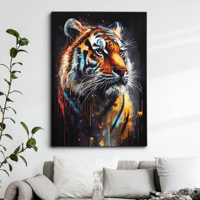 Tiger Head Animal Abstract Oil Painting Splatter King Jungle Style Wall Art Framed Canvas Poster Print, Home Office Room Decor Gifts - image 1