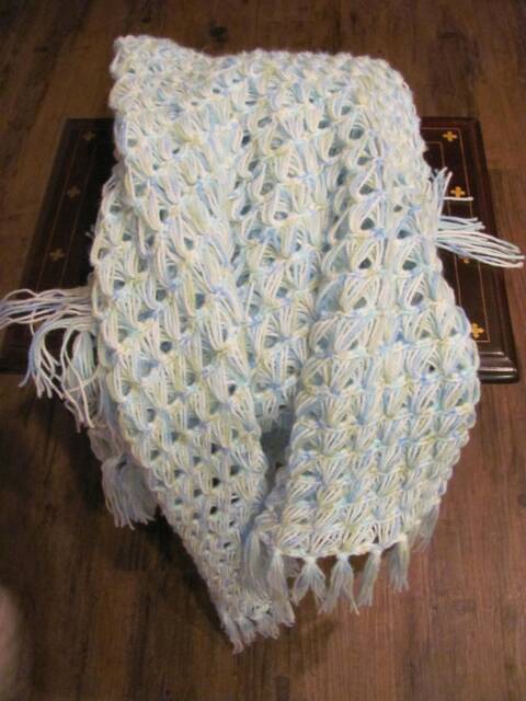 Crochet Baby Blanket ~ Blue, White & Green - image 1