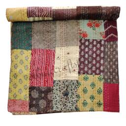 Hand Stitched Indian Cotton Patchwork Quilt Throw Blanket - Reversible Boho Bedding - thumbnail 2