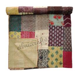 Hand Stitched Indian Cotton Patchwork Quilt Throw Blanket - Reversible Boho Bedding - thumbnail 3