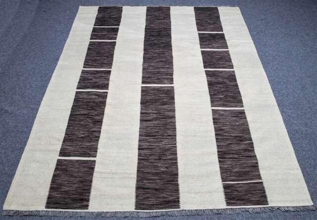 Minimalist Kilim Rug, Black & Brown Striped Rug, Custom Handmade Wool Area - image 1