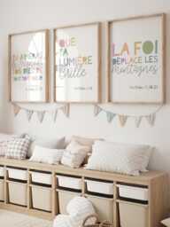 3 French Bible Verse Prints, Christian Wall Art, Nursery Sunday School Decor, Scripture Posters, Church - thumbnail 1