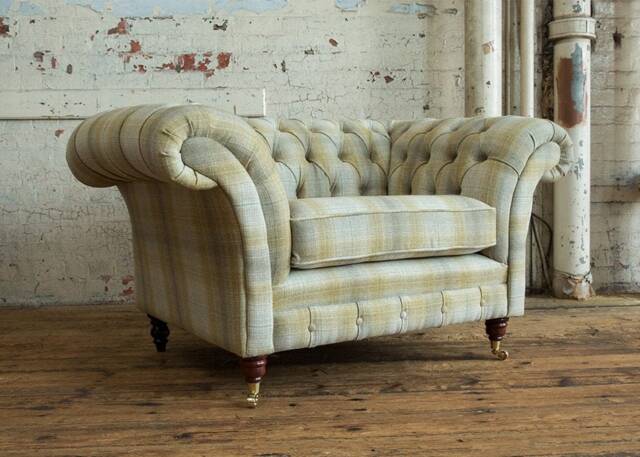 British Handmade Beige Mustard Tartan Wool Fabric Chesterfield Snuggle Armchair, Loveseat - image 1