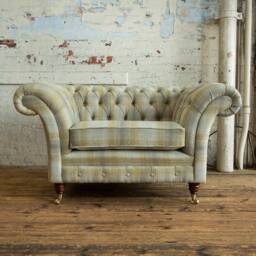 British Handmade Beige Mustard Tartan Wool Fabric Chesterfield Snuggle Armchair, Loveseat - thumbnail 2