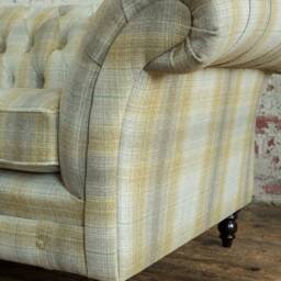 British Handmade Beige Mustard Tartan Wool Fabric Chesterfield Snuggle Armchair, Loveseat - thumbnail 3