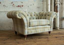 British Handmade Beige Mustard Tartan Wool Fabric Chesterfield Snuggle Armchair, Loveseat - thumbnail 1