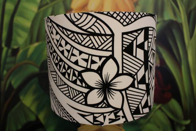 White & Black Samoan Floral Lampshade - Tropical Tribal Polynesian Design Lamp - image 1