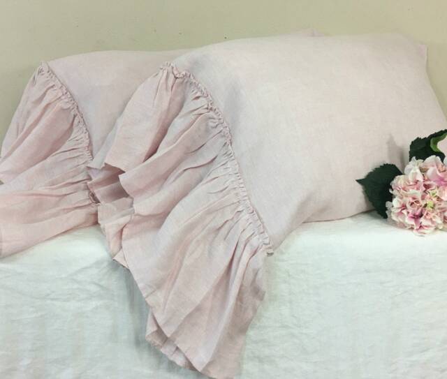 Chambray Blush Pink Linen Pillowcases With Country Mermaid Long Ruffles, Farmhouse, French Style - image 1