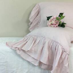 Chambray Blush Pink Linen Pillowcases With Country Mermaid Long Ruffles, Farmhouse, French Style - thumbnail 3