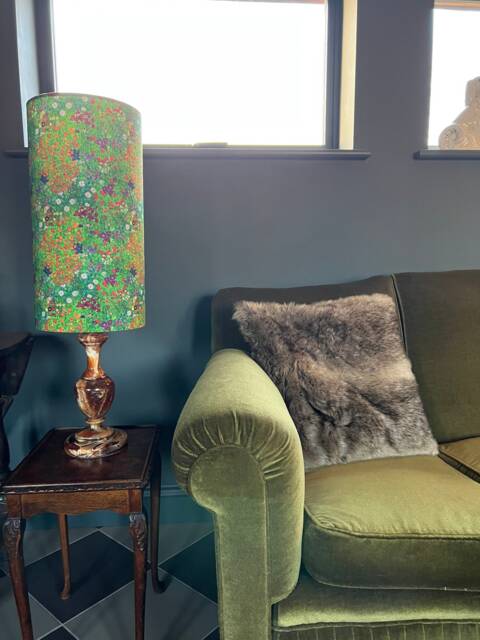 Green Flowers Cotton Drum Tall Cylindrical Lampshade, With A White Lining - image 1