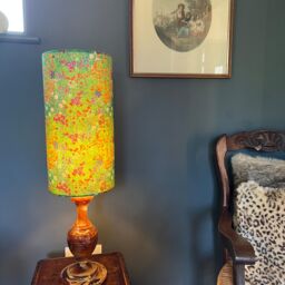 Green Flowers Cotton Drum Tall Cylindrical Lampshade, With A White Lining - thumbnail 3