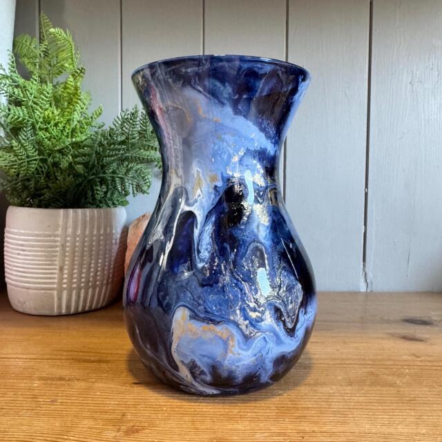 Hand Decorated 18cm Blue White & Gold Copper Or Silver Finish Glass Vase - image 1
