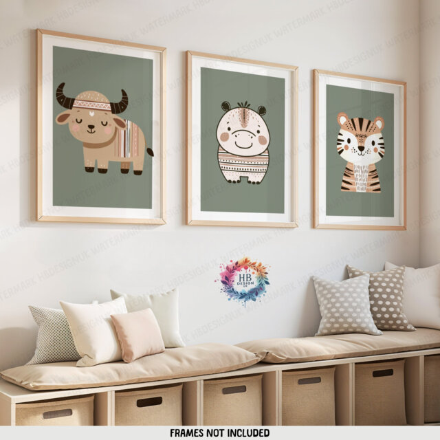 Safari Nursery Wall Prints - Set Of 3 Boho Posters - Kids Playroom Art Cute Animal Designs Green Coloured Decor Boys Girls Bedroom - image 1