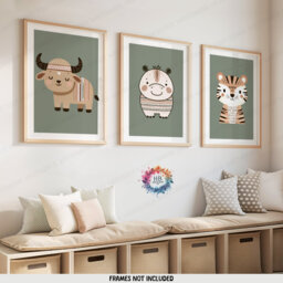 Safari Nursery Wall Prints - Set Of 3 Boho Posters - Kids Playroom Art Cute Animal Designs Green Coloured Decor Boys Girls Bedroom - thumbnail 1
