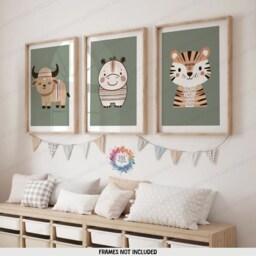 Safari Nursery Wall Prints - Set Of 3 Boho Posters - Kids Playroom Art Cute Animal Designs Green Coloured Decor Boys Girls Bedroom - thumbnail 2