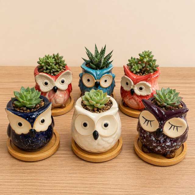 Owl Succulent Plant Pots With Bamboo Coaster/Quirky Indoor Home Decor Ceramic Mini Planter Office Desktop Pot Gift - image 1