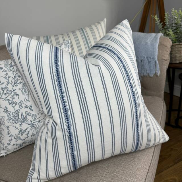 Cotton Cushion Cover For Sofa Or Bed, White/French Blue Striped Pillow Cover, Neutral Palette Home Decor, John Lewis Diderot Fabric - image 1