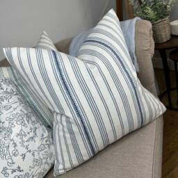 Cotton Cushion Cover For Sofa Or Bed, White/French Blue Striped Pillow Cover, Neutral Palette Home Decor, John Lewis Diderot Fabric - thumbnail 4