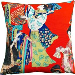 Japanese Kimono Cushion Cover Red Floral Asian Woman Pillow Case - thumbnail 2