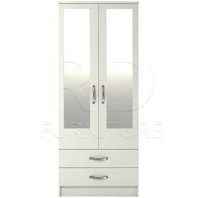 White Wardrobe Ready Assembled Classic 2 Door Drawer Mirrored Wardrobe, Double With Mirror - image 1