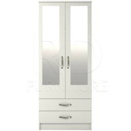 White Wardrobe Ready Assembled Classic 2 Door Drawer Mirrored Wardrobe, Double With Mirror