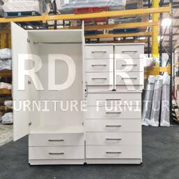 White Wardrobe Ready Assembled Classic 2 Door Drawer Mirrored Wardrobe, Double With Mirror - thumbnail 3