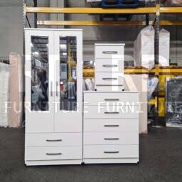 White Wardrobe Ready Assembled Classic 2 Door Drawer Mirrored Wardrobe, Double With Mirror - thumbnail 2