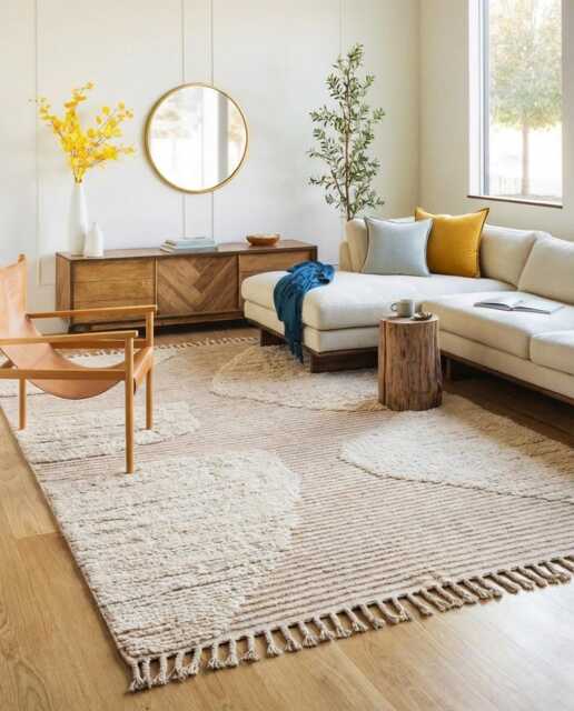 Beige Ribbed 3D Rug - Large Area Handmade Berber Shag Scandi Japandi Decor Custom Textured Wool Carpet - image 1