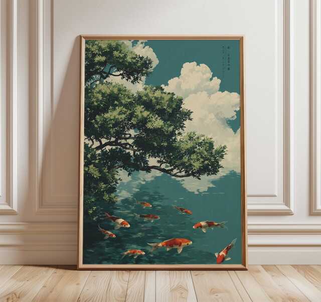 Koi Pond Wall Art Poster, Japanese Landscape Illustration, Serenity Nature Print - image 1