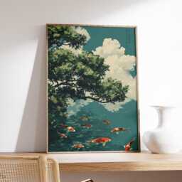Koi Pond Wall Art Poster, Japanese Landscape Illustration, Serenity Nature Print - thumbnail 2