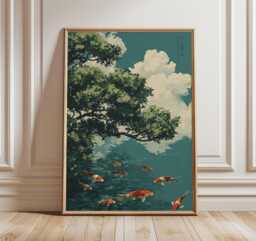 Koi Pond Wall Art Poster, Japanese Landscape Illustration, Serenity Nature Print - thumbnail 1