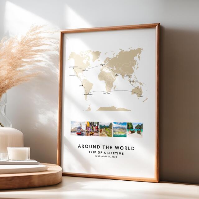 World Travel Personalised Map Print With Photo Collage Custom Poster Road Trip Engagement Honeymoon Gift - image 1