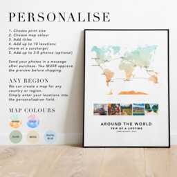 World Travel Personalised Map Print With Photo Collage Custom Poster Road Trip Engagement Honeymoon Gift - thumbnail 3