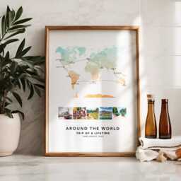 World Travel Personalised Map Print With Photo Collage Custom Poster Road Trip Engagement Honeymoon Gift - thumbnail 2