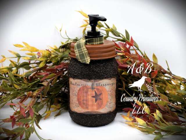 Autumn Blessings Primitive Pumpkin Mason Jar Soap Dispenser, Country Farmhouse Decor - image 1
