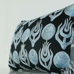 Tulips Suzani Pillow Cover Black & Blue Embroidered Silk Cushion - thumbnail 2
