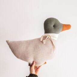 Linen Duck Pillow - Green Decorative Cushion Scandi Nursery Decor Duckling Gift - thumbnail 1