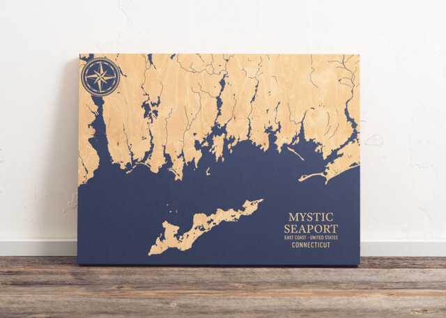 Mystic Seaport, Connecticut Map - Engraved Wood Coastal Wall Art Sign, Beach House Home Decor Nautical Print, Unique Personalized Gift - image 1