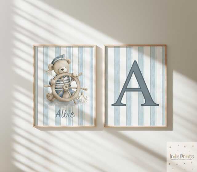 Boys Nursery Prints, Baby Boy Wall Art, Nautical Theme Nursery, Blue Decor, Print, Teddy Bear Navy, Ocean - image 1