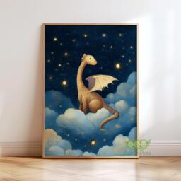 Baby Dragon Nursery Wall Art, Cute Fantasy Decor, Starry Night Clouds Print, Whimsical Kids Room Poster, Blue Newborn Magical Artwork - thumbnail 1