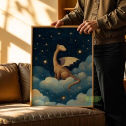 Baby Dragon Nursery Wall Art, Cute Fantasy Decor, Starry Night Clouds Print, Whimsical Kids Room Poster, Blue Newborn Magical Artwork - thumbnail 3