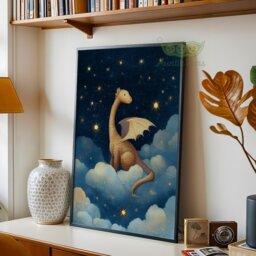 Baby Dragon Nursery Wall Art, Cute Fantasy Decor, Starry Night Clouds Print, Whimsical Kids Room Poster, Blue Newborn Magical Artwork - thumbnail 2