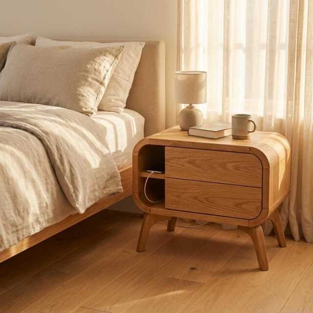 Wood Side Table With 2 Drawers, Wooden Modern Console Table, Bedside Art Deco Night Stand, Bedroom Storage, Handmade End - image 1